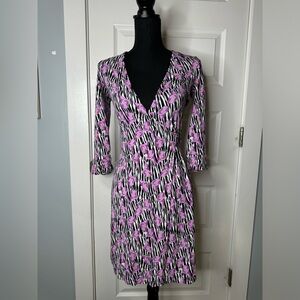 Diane von Furstenberg Wrap Dress with Zebra Print Background and Purple Floral
